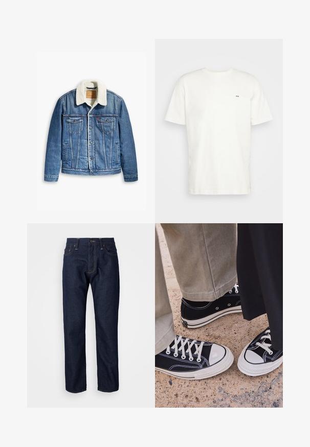 Chaqueta de mezclilla de color azul claro, con cuello forrado de borrego, dos bolsillos en el pecho, cierre frontal de botones y costuras en contraste.; Camiseta de algodón blanca con cuello redondo, manga corta y un pequeño logo negro "W.W." en el lado izquierdo del pecho. Textura suave, corte regular.; Jeans de mezclilla azul oscuro con un diseño de pierna recta, que presentan costuras de cobre, cinco bolsillos y un cierre de botón estándar.; Zapatillas de lona negras con punteras y cordones de goma blanca. Las costuras en contraste y los ojales de metal añaden detalle. Llevadas con pantalones beige y tela negra.