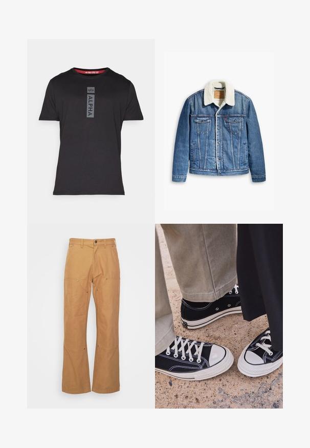 Džinsi jaka ar gaiši zilas krāsas, vilnas oderēts apkaklis, divas krūšu kabatas, pogu aizdare priekšpusē un kontrastējoša šuvuma detaļas.; Melnas īsām piedurknēm T-krekls no gludas auduma ar vertikālu "ALPHA" logo pelēkā krāsā priekšpusē, ar sarkanu akcentu apkaklēs.; Beige kravu bikses, kas izgatavotas no izturīga auduma, ar sānu kabatām, metāla detaļu akcentiem, taisnu kāju griezumu un parastu vidukli.; Melni kanvas sporta apavi ar baltām gumijas pirkstgaliem un auklēm. Kontrastējoša dūkošana un metāla acu caurumi piešķir akcentus. Valkāti ar beidžu krāsas biksēm un melnu audumu.