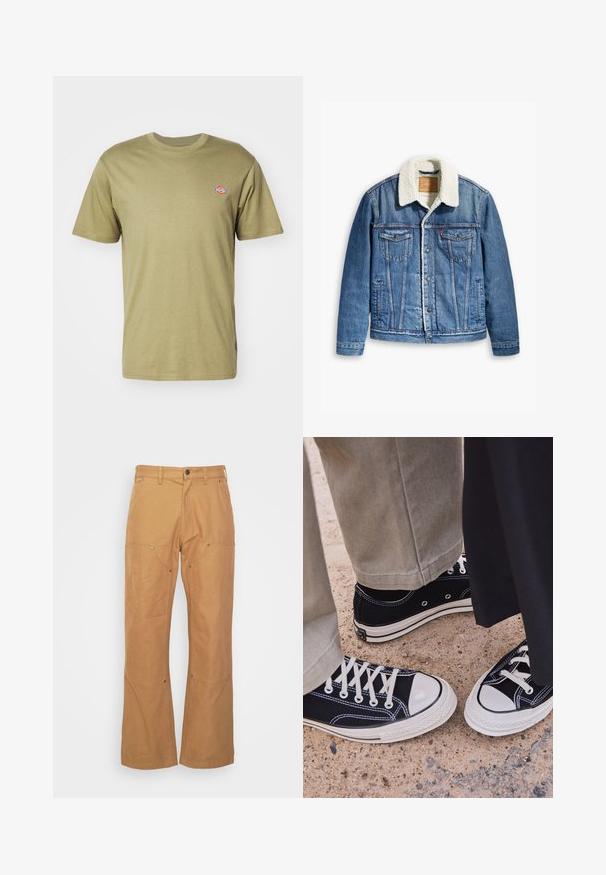 Džinsi jaka ar gaiši zilas krāsas, vilnas oderēts apkaklis, divas krūšu kabatas, pogu aizdare priekšpusē un kontrastējoša šuvuma detaļas.; Olive krāsas kokvilnas T-krekls ar īsām piedurknēm, apaļu kakla izgriezumu un mazu krāsainu logotipu kreisajā krūtī. Vienkāršs, klasiskas dizains.; Beige kravu bikses, kas izgatavotas no izturīga auduma, ar sānu kabatām, metāla detaļu akcentiem, taisnu kāju griezumu un parastu vidukli.; Melni kanvas sporta apavi ar baltām gumijas pirkstgaliem un auklēm. Kontrastējoša dūkošana un metāla acu caurumi piešķir akcentus. Valkāti ar beidžu krāsas biksēm un melnu audumu.