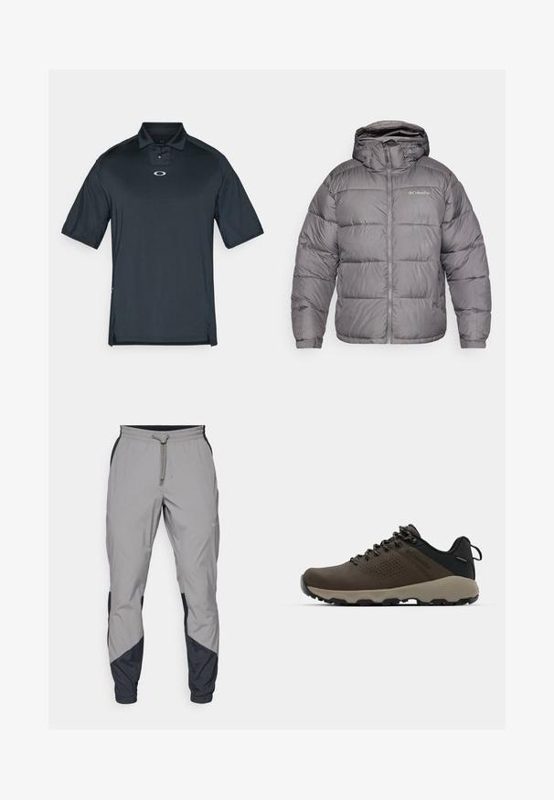 Sivý puffík s kapucňou, s predným zipsom a bočnými vreckami. Materiál je hladký s prešívaným vzorom a mäkkou podšívkou.; Čierna polo košeľa vyrobená z hladkej, priedušnej látky. Má krátky golier, trojbuttonovú légu a malé logo na hrudi.; Ľahké, šedé športové nohavice s čiernymi akcentmi. Elastický pás, sťahovanie pomocou šnúrky, zúžený strih nohavíc a bočné vrecká.; Hnedé vodoodolné tenisky s textúrovaným zvrškom, perforovanými detailmi, čiernou oporou päty a šedou gumovou podrážkou. Šnúrky sú ozdobené kovovými koncami.