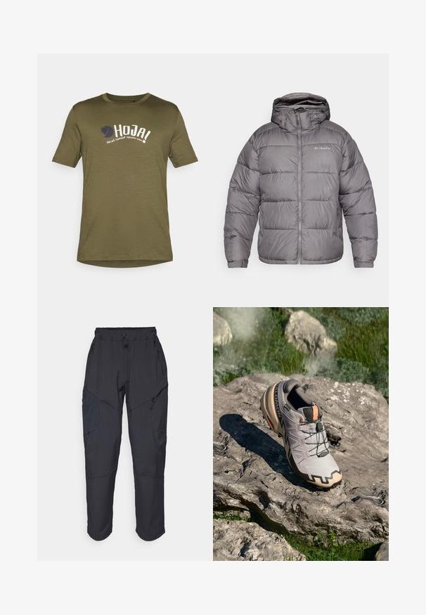 Grå pufferjakke med hætte, med en frontlynlås og sidelommer. Stoffet er glat med et quiltet mønster og blødt for.; Oliven grøn bomulds t-shirt, rund hals, korte ærmer, med hvid og marineblå trykte tekst og et logo på forsiden. Letvægtsstof.; Sorte cargo bukser lavet af et let, vandafvisende materiale; har elastisk talje, flere lynlåslommer og tætsiddende ben.; Lys grå trail løbesko med beige accenter, tekstureret overdel, sorte snørebånd og udtalt sålkonstruktion. Har brandets logo.