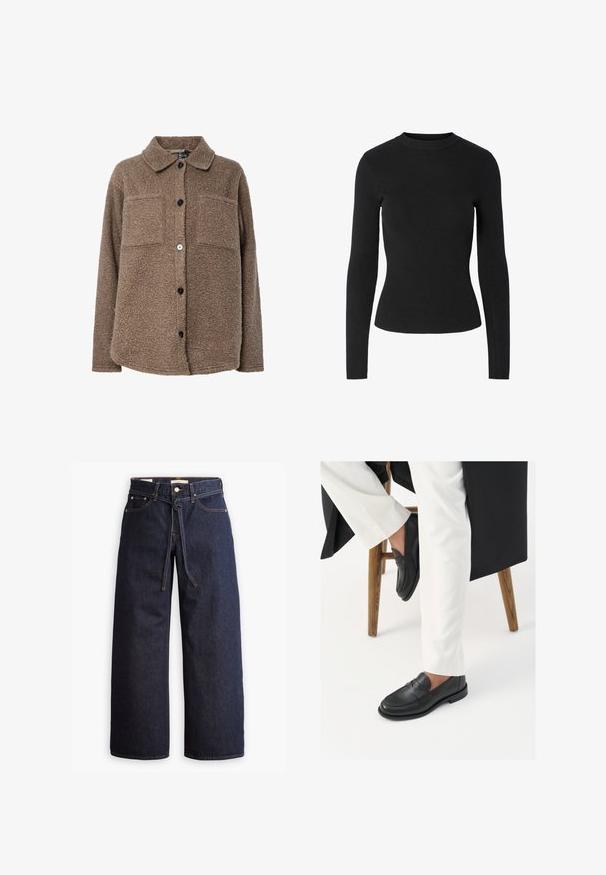 Brun, fluffig fleecejacka med krage, två bröstfickor och knappslutning fram. Har en strukturerad yta och mörka knappar.; Svart ribbad tröja med långa ärmar, rund halsringning och figurnära silhuett, med en slät textur över hela plagget.; Brettbeniga mörkblå denimjeans med hög midja, utrustade med snörning, fem fickor och kontrasterande sömmar.; Svarta läderloafers med en slät yta och en bred remdetail, som bärs med vita skräddarsydda byxor. Klacken har en platt design.