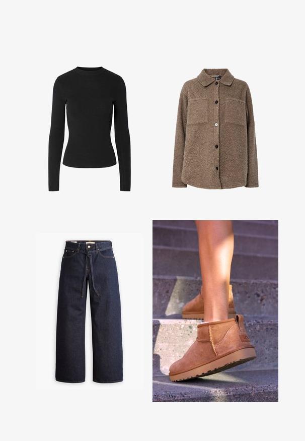 Brun, fluffy fleecejakke med krage, to brystlommer og frontlukking med knapper. Har teksturert overflate og mørke knapper.; Svart ribbestrikket genser med lange ermer, rund hals og tettsittende silhuett, med en jevn tekstur over hele plagget.; Viddeben mørkeblå denim jeans med høy midje, som har snøring, fem lommer og kontraststing.; Brune sued støvletter til ankelen med en myk tekstur, sydet detaljer og gummisåle, med en løkket hæl for enkel påkledning.