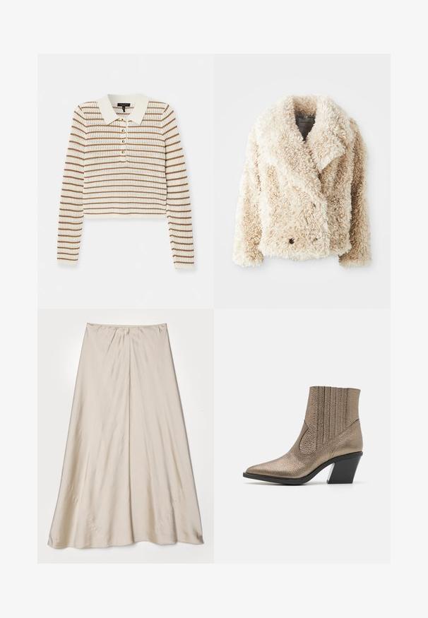 Cremefarbene Kunstfelljacke mit tiefem V-Ausschnitt, doppelreihigem Knopfverschluss und strukturierter, flauschiger Oberfläche. Mit breiten Revers.; rag & bone VIOLA STRIPE - Strickpullover - ivory; Beige, Satinrock mit ausgestellter Silhouette. Verfügt über einen gerafften Taillenbund und einen subtilen Glanz, mit schrägen Nähten und einem fließenden Fall.; Metallisch bronzefarbenen Knöchelstiefel mit spitzem Schuhzehen, strukturierten Oberflächen, vertikalen Ausschnitten und einem Blockabsatz mit klaren Akzenten.