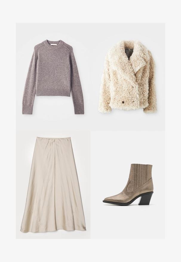 Giacca in pelliccia sintetica color crema con scollatura a V profonda, chiusura con bottoni doppi e superficie morbida e vellutata. Presenta ampi risvolti.; Maglione lavorato a maglia color marrone chiaro con maniche lunghe, polsini e orlo a costine, e scollatura tonda.; Gonna beige in satin con silhouette svasata. Presenta una cintura arricciata e un sottile lucido, con cuciture oblique e un drappeggio fluido.; Stivale alla caviglia in bronzo metallico con punta a punta, superficie texture, tagli verticali e tacco a blocco con un accento trasparente.