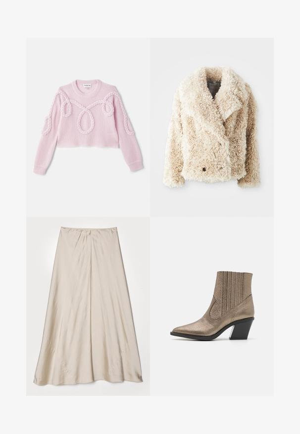 Kremasto obarvana umetna krzna jakna z globokim V-izrezom, dvojnim gumbom za zapiranje in teksturirano, puhasto površino. Ima široke reverje.; Roza skrajšani pulover z rebrastim teksturo in pletenimi detajli ob ramenih in rokavih. Narejen iz mehkega pletenega materiala.; Bežna svilena krila s razširjenim silhueto. Ima nabran pas in subtilen lesk, z naklonjenimi šivi in tekočim padanjem.; Metalna bronasta gležnjača s šiljastim nosom, teksturirano površino, vertikalnimi izrezi in blok peto s prozornim poudarkom.