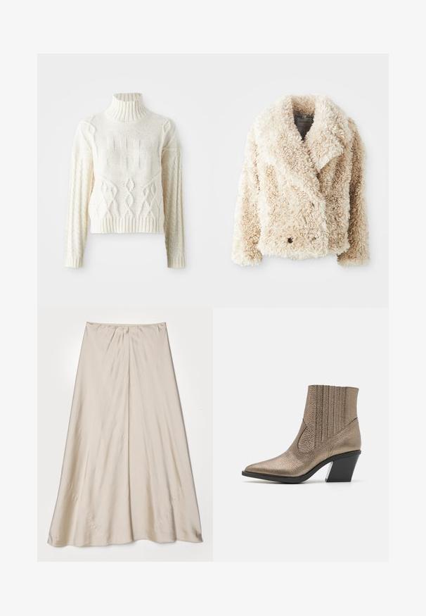 Crème-kleurige nepbont jas met een diepe V-hals, dubbele knoopsluiting en een gestructureerd, fluffy oppervlak. Beschikt over brede revers.; Gebreide crèmekleurige trui met een hoge geribbelde kraag, voorzien van textuurpatronen en kabelbrei-details op de mouwen en het lichaam. Korte, aansluitende stijl.; Beige satijnen rok met een uitlopende silhouette. Heeft een verzamelde tailleband en een subtiele glans, met schuine naden en een vloeiende val.; Metalen bronzen enkelboot met een spitse neus, textuur oppervlak, verticale uitsparingen en een blokhak met een doorzichtig accent.