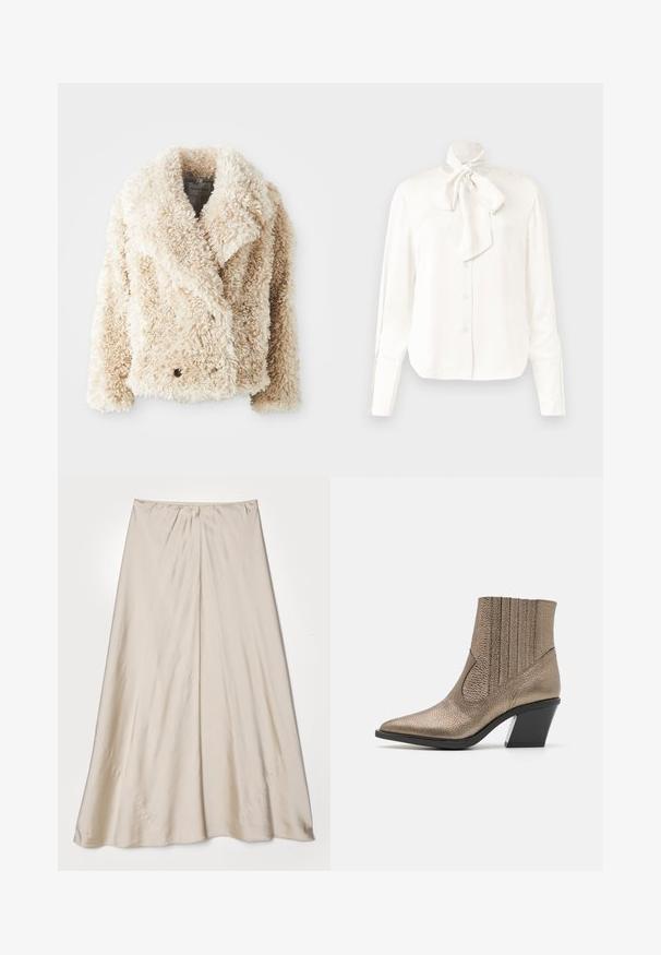 Jachetă din blană sintetica de culoare crem, cu decolteu adânc în V, închidere cu nasturi dubli și suprafață texturată, pufoasă. Dispune de rever larg.; Bluză albă cu mâneci lungi dintr-un material ușor, cu guler înalt și un detaliu mare în formă de fundă la gât, având un sistem de închidere cu nasturi.; Fustă bej din satin cu o siluetă evazată. Prezintă un talie plisată și un luciu subtil, cu cusături unghiulare și o cădere elegantă.; Botină metalică bronz cu vârf ascuțit, suprafață texturată, decupaje verticale și toc bloc cu un accent transparent.
