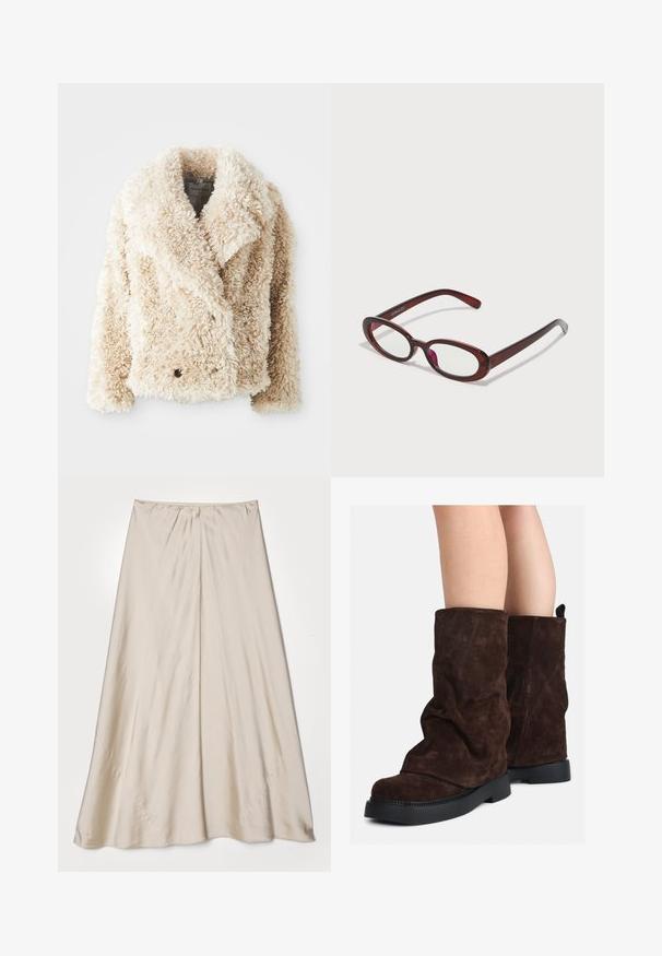 Chaqueta de piel sintética color crema con escote en V profundo, cierre de botones dobles y superficie texturizada y esponjosa. Presenta solapas anchas.; Camisa de manga larga beige hecha de algodón, con frente abotonado, cuello puntiagudo y un bolsillo en el pecho. Textura suave, ajuste relajado.; Falda de satén beige con silueta acampanada. Presenta una cinturilla fruncida y un ligero brillo, con costuras en ángulo y un caído fluido.; Botas de ante marrón de medio muslo con suelas de goma negras, llevadas sobre piernas desnudas, mostrando un ligero arrugado en los caños de las botas.; Gafas de sol rojas en forma ovalada con lentes transparentes y elegantes montura marrón. El diseño presenta curvas sutiles y un hardware mínimo.