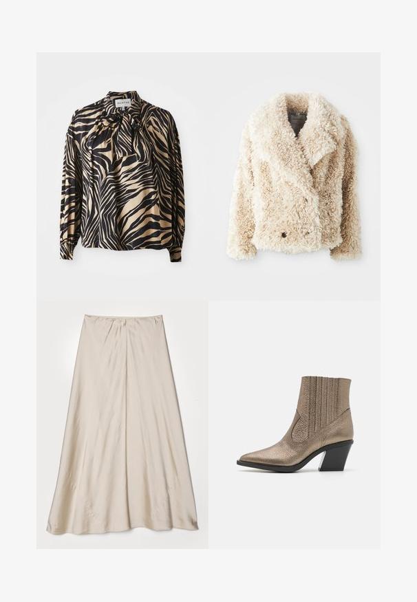 Kermitevärviline faux karusnahkjakker, millel on sügav V-kaelus, topelt-nuppude sulgemine ning tekstuurne, paks pind. Omab laiu klappe.; Pitkähihaisen paidan sileä kangas, jossa on rohkea musta ja kultainen seeprahanskuvio, ja solmion yksityiskohta kauluksessa.; Beige, satiinihame, jossa on levenevä siluetti. Ominaisuuksiin kuuluu kerätty vyötärö ja hillitty kiilto, vinot saumat sekä ilmava laskostus.; Metallinen pronssinvärinen nilkkuri, jossa on terävä kärki, teksturoitu pinta, pystysuorat leikkaukset ja läpinäkyvällä korostuksella varustettu lohkokorko.