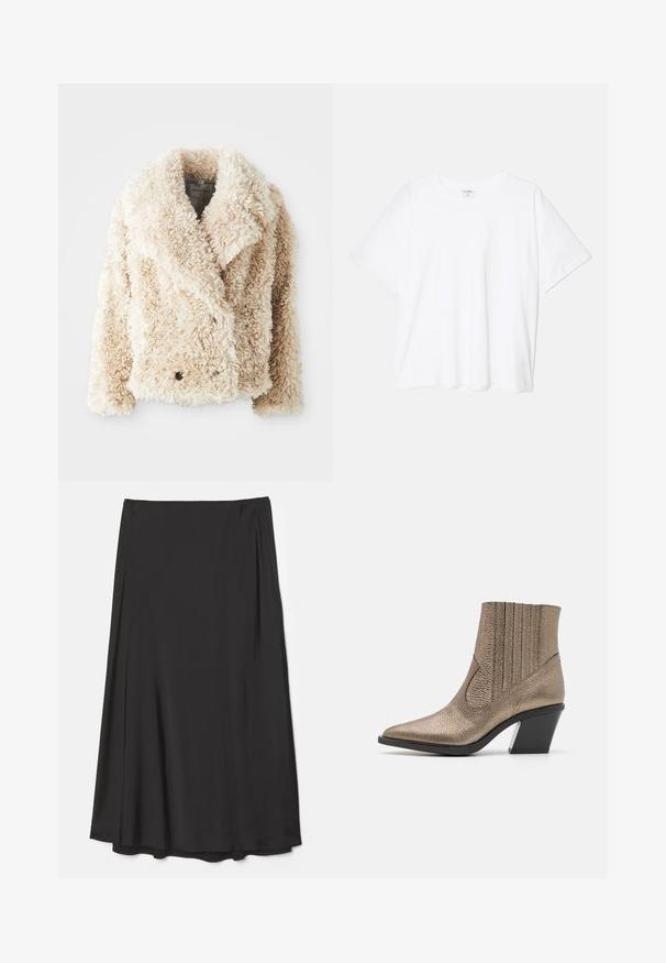 Kremasto obarvana umetna krzna jakna z globokim V-izrezom, dvojnim gumbom za zapiranje in teksturirano, puhasto površino. Ima široke reverje.; Bela bombažna majica s kratkimi rokavi, okroglim izrezom, sproščenim krojem in šivanim robom. Oznaka vidna na notranji strani izreza.; Črna, krilna dolžina do kolen, izdelana iz gladkega blaga; ima tekoč dizajn z mehkimi gubami in brez vidnih zaponk.; Metalna bronasta gležnjača s šiljastim nosom, teksturirano površino, vertikalnimi izrezi in blok peto s prozornim poudarkom.