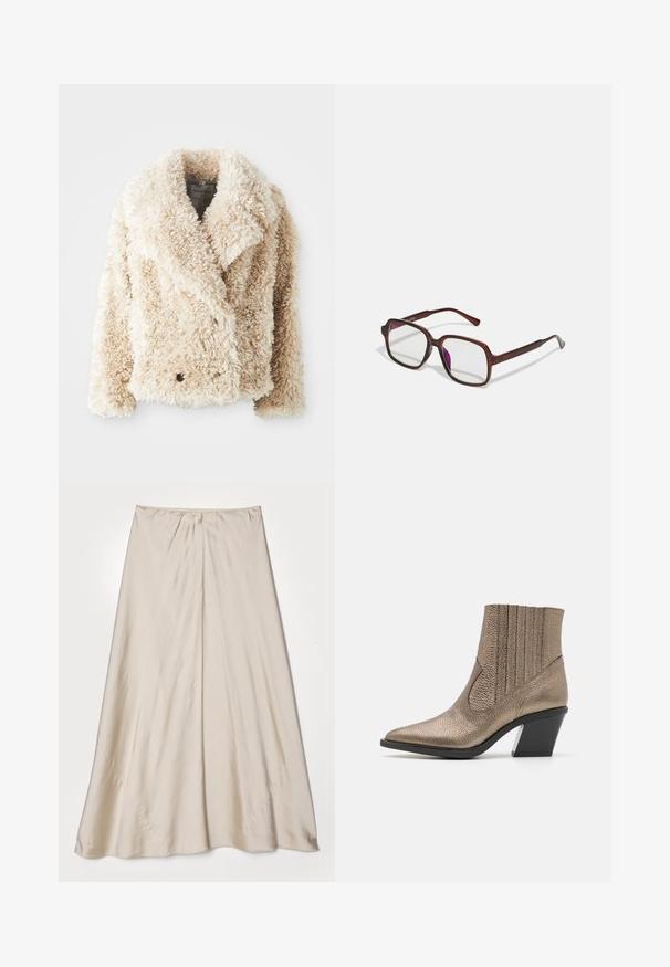 Kreemikaalune vale karusnahast jakk sügava V-kaelusega, topelt-nööbiga kinnitusega ja tekstuurse, kohevapinnaga. Omab laia kraed.; Valge lühikeste varrukatega T-särk, ümmarguse kaelusega, valmistatud pehmest ja sileda puuvillast kangast, sirge äärega ja minimaalsete detailidega. Lihtne ja mitmekülgne disain.; Kreemja, satiinist seelik narmendava siluetiga. Omab kokku kogutud vöökoht ja õrna läiget, kaldus õmbluste ning vooluva langega.; Metallik pronksist säärebotased terava ninaga, tekstureeritud pind, vertikaalsed lõiked ja plokk-konts, millel on selge aktsent.; Pruunid, ristkülikukujulised prilliraamid, millel on läbipaistvad läätsed ja lillakad tooni. Sile plastikraam otste kaared ja peente aksenditega.; Pruun faux nahast õlaline kott, millel on kaarjas kuju, minimaalne õmblemine ja kuldse tooni metallist aksessuaar. Omab ülemist tõmblukku ja reguleeritavat rihma.