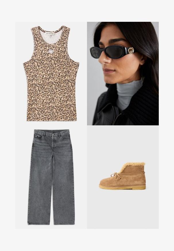 Kreemikaalune vale karusnahast jakk sügava V-kaelusega, topelt-nööbiga kinnitusega ja tekstuurse, kohevapinnaga. Omab laia kraed.; Bež jaagri mustriga kantamine, millel on ribakanga tekstuur, ümar kaelus ja ees diskreetne broderi logoga. ; Laia püksid tumedas hallis denimis. Omavad kõrget vööd, viit taskut ning esist nööbist sulgemist. Sile pind kerge kulumisega.; Pruunest nahast ankle boot, millel on fliisvooder, eest lukk ja tasane kummitald valgel taustal.; Mustad musternuga prillid, millel on ansamblil süsimust ristkülikukujuline raam ja külgedel kuldne logo. Tumeda objektiiviga ja läikiv viimistlus on silmatorkavad.