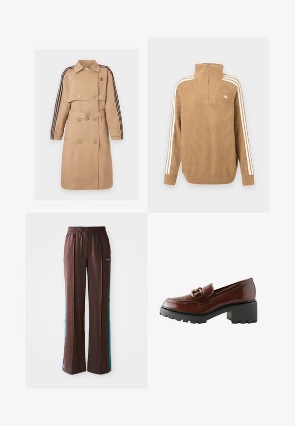 Bēšs lietusmētelis ar dubultpogu aizdari, jostu un melniem svītrainiem akcentiem uz piedurknēm; aprīkots ar apkakli un sānu kabatām.; Brūns ribots džemperis ar augstu apkakli un pusi ar rāvējslēdzēju, kuram ir trīs baltas svītras pa piedurknēm un mazs logo uz krūtīm.; Brūni sporta bikses ar ribotu faktūru, elastīgu jostasvietu un tirkīza sānu svītrām. Priekšpusē ir adidas logo.; Brūni ādas loafers ar noapaļotu purngalu, dekoratīvām zelta detaļām un biezu melnu platformu ar teksturētu apdari.