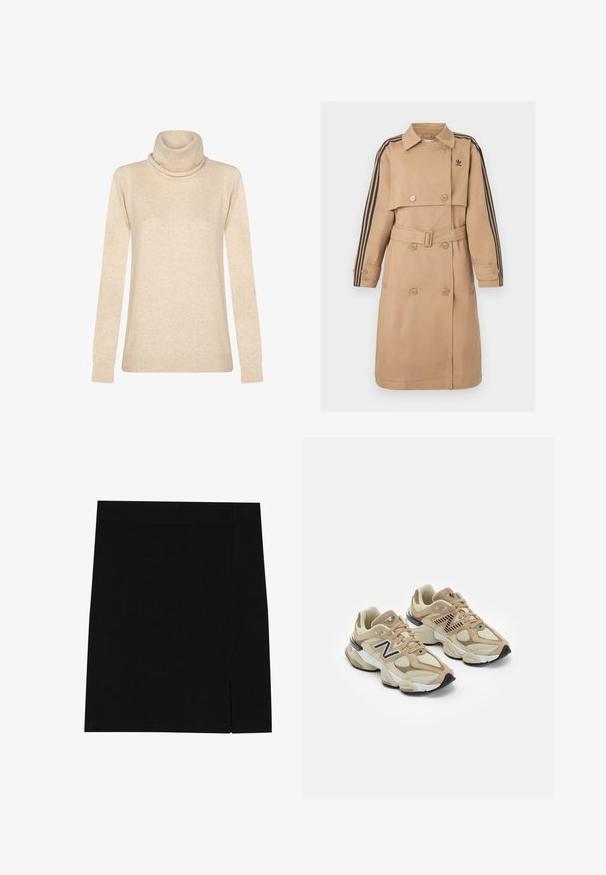 Beiger Trenchcoat mit doppelreihigen Knöpfen, Gürtel und schwarzen Streifenakzenten an den Ärmeln; verfügt über einen Kragen und seitliche Taschen.; Beige Rollkragenpullover aus weichem Stoff. Mit langen Ärmeln, umgeschlagenem Kragen und gerippten Bündchen und Saum. Einfaches, sauberes Design.; Schwarzer Minirock aus weichem Stoff mit figurbetontem Design, ausgestattet mit einem leichten Schlitz an der Seite für zusätzlichen Details.; Beige Sneaker aus Mesh- und Wildledermaterialien. Mit einem schwarzen Logo und strukturierten Akzenten. Dicke weiße Zwischensohle und schwarze Gummisohle.