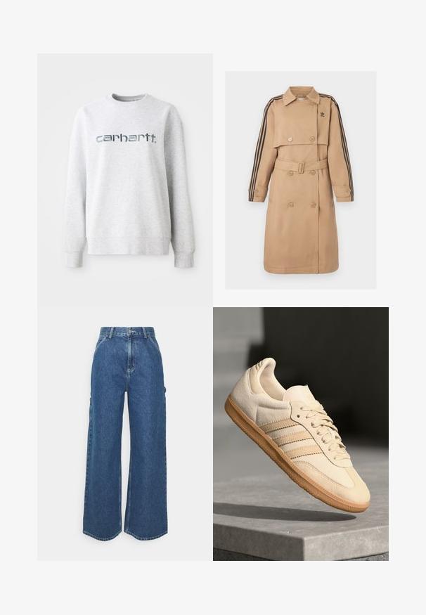 Bež plašč s dvojno zapenjanimi gumbi, pasom in črnimi črtastimi poudarki na rokavih; ima ovratnik in stranske žepe.; Siv bombažna športna majica s krožnim izrezom, z ribastimi robovi, in velikim, odsevnima logotipom "carhartt" na sprednji strani.; Široke modre denim hlače z visokim pasom, kontrastnim šivom in stranskimi žepi, ki vključujejo klasičen pet-džepni dizajn in robove brez obdelave.; Svetlo bež semišni športni copat z gumijastim podplatom, trije poševni trakovi in teksturiran zaščitni del. Vsebuje logotip na ježku in strani.