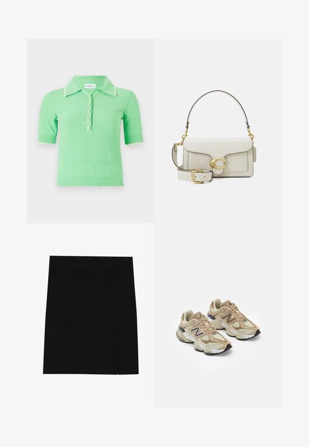 Bézs ballonkabát kétsoros gombokkal, övvel és fekete csíkos részletekkel az ujjakon; gallérral és oldalzsebekkel rendelkezik.; Rövid ujjú póló pulóver világos zöld színben, texturált anyagból, fehér gallérral és öt dekoratív gombbal.; Fekete mini szoknya puha anyagból, testhez álló szabással, az oldalon enyhe hasítékkal a különleges részletek érdekében.; Beige sportcipők hálós és bőrszövet anyagból. Fekete logóval és texturált részletekkel rendelkezik. Vastag fehér középtalpa és fekete gumi talpa van.; Fehér bőr kézitáska arany színű fémalkatrészekkel, fedéllel záródik, levehető, állítható pánttal. Középen lekerekített fém díszítés.