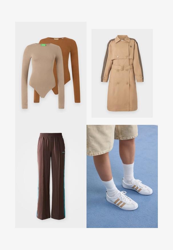 Bézs ballonkabát kétsoros gombokkal, övvel és fekete csíkos részletekkel az ujjakon; gallérral és oldalzsebekkel rendelkezik.; Két hosszú ujjú, testre szabott bodi, kerek nyakkal, az egyik bézs, a másik barna, fehér háttéren átfedve van elhelyezve.; Barna sportnadrág bordázott textúrával, rugalmas derékpánttal és türkiz oldalsávokkal. Az elején az adidas logóval rendelkezik.; Fehér sportcipők három aranycsíkkal, fűzős kialakítás, gumitalp, bordázott fehér zoknikkal és bézs sorttal viselve, kék felületen.