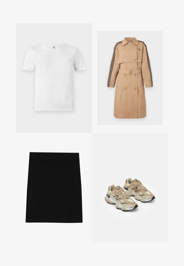 Bēšs lietusmētelis ar dubultpogu aizdari, jostu un melniem svītrainiem akcentiem uz piedurknēm; aprīkots ar apkakli un sānu kabatām.; Balta īsām piedurknēm T-kreklu ar ribotu tekstūru. Klasisks apaļš kakla izgriezums, nav redzamu logo vai rakstu, un vienkāršs, tīrs dizains.; Melna mini svārku izgatavota no mīksta auduma ar pieguļošu dizainu, kurai sānos ir neliela šķirba papildu detaļām.; Beigās sporta kedas ar acu un zamša materiāliem. Iekļauj melnu logotipu un teksturētus akcentus. Resna balta starppēda un melna gumijas zole.