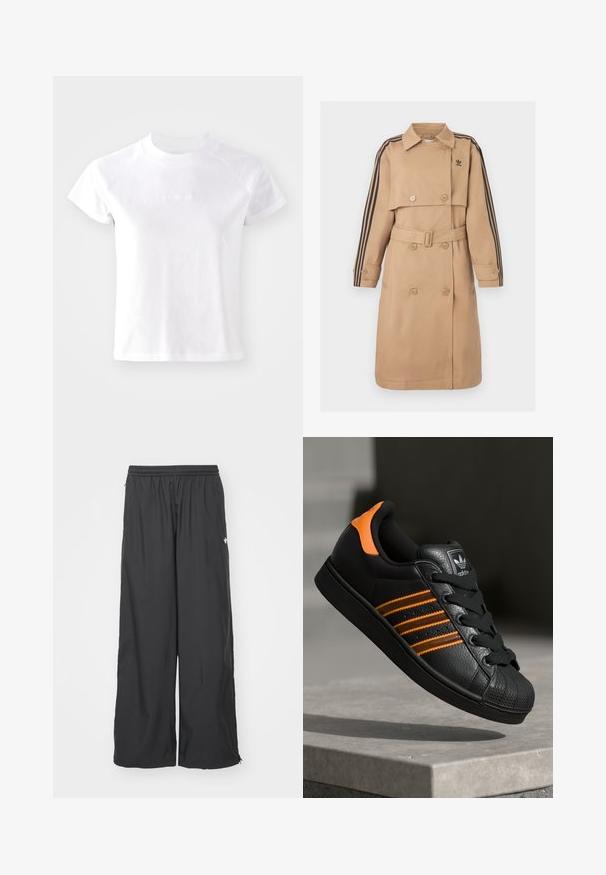 Trench coat beige con bottoni doppi, cintura e accenti a righe nere sulle maniche; presenta un colletto e tasche laterali.; T-shirt bianco a maniche corte con scollatura rotonda, realizzato in morbido cotone. Presenta un logo discreto sul davanti e una vestibilità comoda.; Pantaloni neri a gamba larga con vita elasticizzata. Realizzati in tessuto leggero, presentano cuciture laterali sottili e un piccolo logo bianco.; Sneaker nera con accenti arancioni, tre strisce orizzontali, parte superiore in pelle texture, punta in gomma e lacci neri.