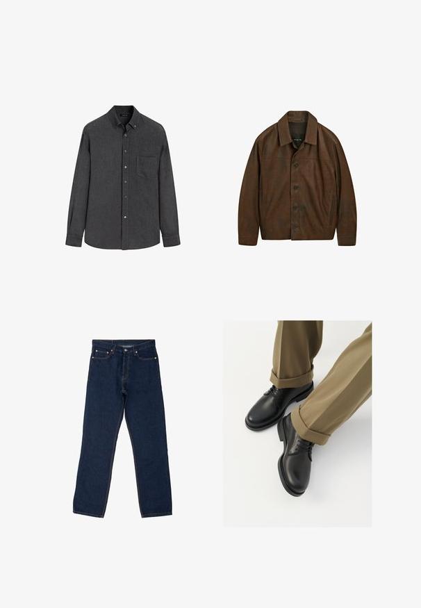 Hnědá kožená bunda s knoflíkovým zapínáním, roztaženým límcem a dvěma bočními kapsami. Vyznačuje se hladkou texturou a volným střihem.; Tmavě šedá košile s dlouhým rukávem, knoflíkovým zapínáním a náprsní kapsou, vystavená na bílém pozadí.; Tmavě modré džíny z denimové látky se střihovým designem rovného nohavice, viditelným šitím v kontrastní oranžové barvě, pěti kapsami a standardním knoflíkovým zapínáním.; Černé kožené společenské boty s hladkým povrchem, s tkaničkami a kulatou špičkou, kombinované s vykrojenými khaki kalhotami.