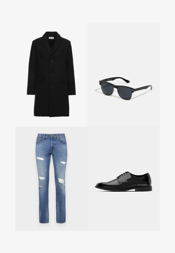 Musta villasekoitteen päällystakki, jossa on viillotettu kaulus, yksirivinen nappilukko, kaksi etutaskua ja sulavalinjainen, muotoiltu siluetti.; Svetari tummansininen kaulus, joka on valmistettu pehmeästä ja joustavasta kankaasta. Siinä on pitkät hihat sekä ribattu pääntie ja helma. Yksinkertainen, siisti muotoilu.; Siniset farkut, joissa on hieman haalistunut pinta, monilla kuluneilla rei'illä ja suoran lahkeen muotoilulla. Napitus vyötäröllä.; Musta patentoitu mokkanahkakengät pyöreällä varpalla, nauhakuormausmalli ja sileä, kiiltävä pinta. Varustettu matalaprofiilisella kumipohjalla.; Mustat aurinkolasit, joilla on suorakulmainen muoto, tummat linssit, hopeiset yksityiskohdat temppeleissä ja matta pinta kehykset.