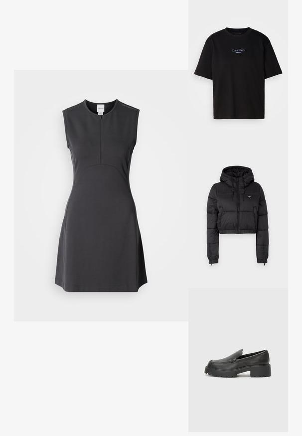 Fekete, rövidített puffertakaró kabát kapucnival, elülső cipzárral, két oldalsó zsebbel és elasztikus aljjal. Sima textúra, minimális márkázással.; Ujjatlan, fekete ruha sima anyagból, magas nyakkivágással, elöl cipzárral, testhezálló felső résszel és bővülő aljjal.; Fekete pamut póló kerek nyakkal, rövid ujjú, elöl kék hímzett "Calvin Klein JEANS" logóval.; Fekete bőr loafer cipők kerek orral, vastag, texturált talppal és minimális varrási részletekkel. Áramvonalas dizájn, látható fűzők vagy fém részek nélkül.