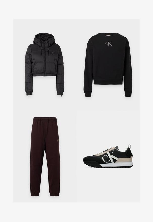 Black cropped puffer jacket with a hood, featuring a front zipper, two side pockets, and an elastic hem. Smooth texture with minimal branding.; Black sweatshirt made of soft fabric featuring a crew neckline and long sleeves. A silver "cK" logo is centered on the chest.; Dark brown sweatpants featuring an elastic waistband, tapered legs, and a small gold logo detail on the left side. Smooth fabric texture.; Black sneaker with a beige suede accent, white logo, rubber sole, and laces. Features a durable upper and a pull tab on the heel.