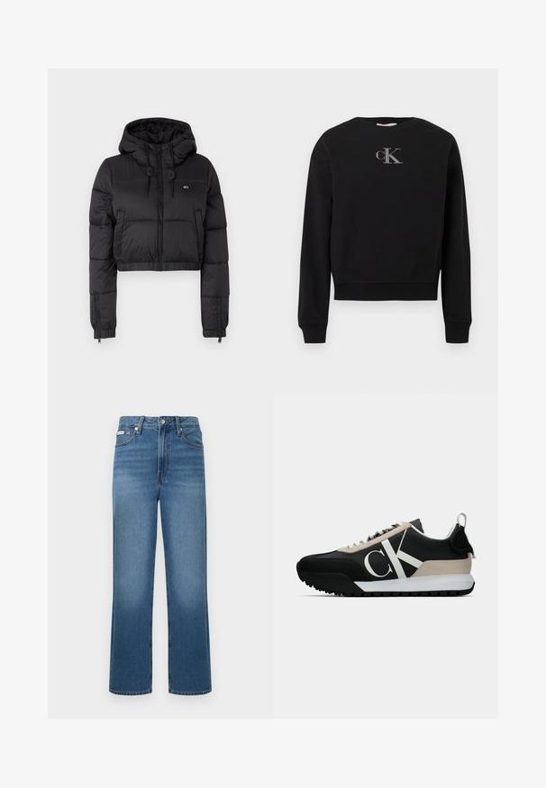 Juodas trumpas pūkinis džemperis su gobtuvu, su priekine užtrauktuku, dviem šoninėmis kišenėmis ir elastingu apačiu. Lygi tekstūra su minimaliu ženklinimu.; Juodas džemperis, pagamintas iš minkštos medžiagos, su klasikine apykakle ir ilgomis rankovėmis. Ant krūtinės centre yra sidabrinis "cK" logotipas.; Aukšto liemens, tiesaus kirpimo mėlynos spalvos džinsai su šviesiu išblukimu, priekinėmis kišenėmis, sagos užsegimu ir diržo kilpomis. Lygios tekstūros ir klasikinio dizaino.; Juodos sportinės bateliai su smėlio spalvos zomšiniu akcentu, balta logo, guminis padas ir raišteliai. Yra tvirta viršutinė dalis ir kilpos užtraukimui ant kulno.