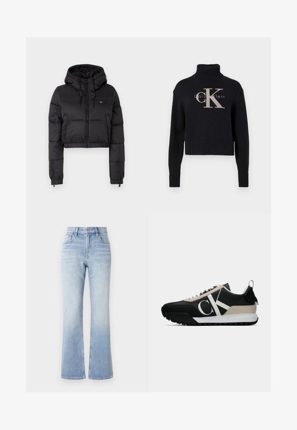 Jaqueta corta puffer preta com capuz, apresentando um fecho frontal, dois bolsos laterais e uma bainha elástica. Textura suave com mínima marcação.; Sweater curto em azul marinho com gola alta canelada, apresentando o logo bordado 'CK' em rosa claro e o texto 'calvin klein'. Textura de malha suave.; Jeans flared em denim azul claro com uma cintura alta, costura em contraste, bolsos frontais e um efeito de desbotado subtil em direção à bainha.; Sapatilha preta com um detalhe em camurça bege, logo branco, sola de borracha e atacadores. Possui um cabedal durável e uma alça na parte de trás.