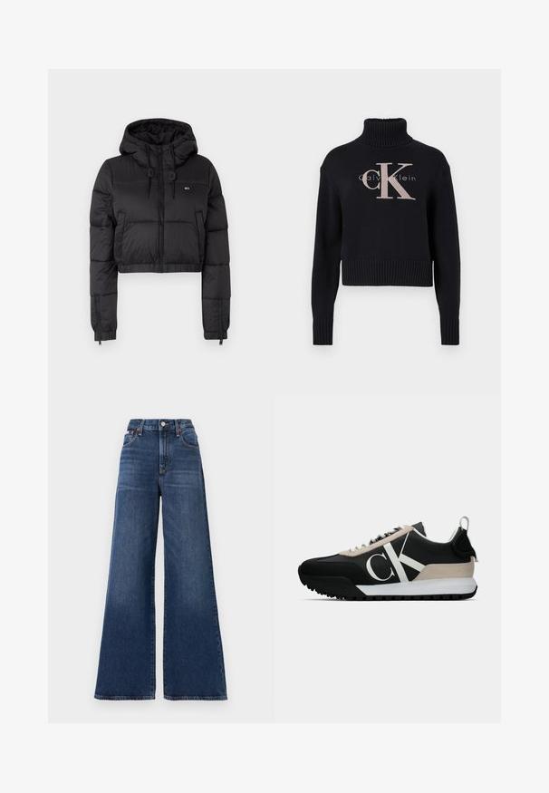 Chaqueta acolchada recortada negra con capucha, que cuenta con un cierre frontal, dos bolsillos laterales y un dobladillo elástico. Textura suave con un mínimo de marcas.; Suéter cortado de color azul marino con cuello alto acanalado, que presenta un logo bordado en rosa claro con 'CK' y el texto 'calvin klein'. Textura de punto suave.; Jeans de tiro alto y pierna ancha hechos de denim azul oscuro, con cierre de botón, cinco bolsillos y un ligero desgaste en los muslos.; Zapatilla negra con un acento de ante beige, logo blanco, suela de goma y cordones. Presenta un upper duradero y un tirador en el talón.