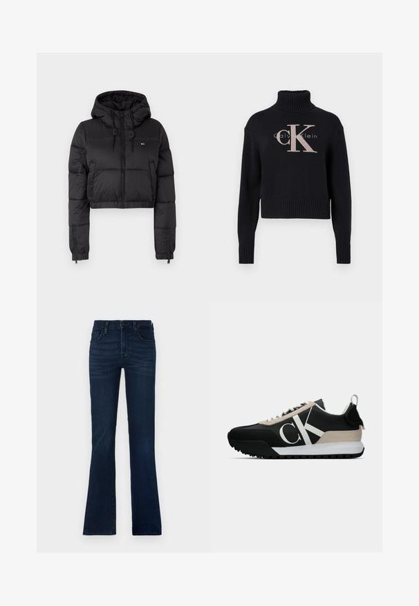 Jacheta scurtă din fâș neagră cu glugă, având un fermoar frontal, două buzunare laterale și o margine elastică. Textură netedă cu branding minim.; Pulover scurt de culoare bleu marin cu guler înalt cu nervuri, prezentând un logo brodat 'CK' de culoare roz deschis și textul 'calvin klein'. Textură tricotată netedă.; Jeans evazați de culoare albastră închisă, din denim. Prezintă cinci buzunare, închidere cu nasture și decolorări subtile pe coapse.; Pantofi sport negri cu un accent din suede bej, logo alb, talpă din cauciuc și șireturi. Prezintă o parte superioară durabilă și un tab de prindere la călcâi.