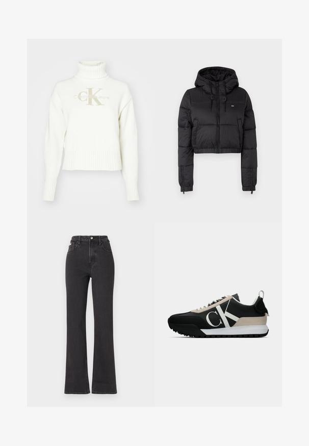 Svart cropped pufferjakke med hette, med glidelås foran, to sidelommer og elastisk avslutning. Glatt tekstur med minimal merkevare.; Hvit strikket høyhalset genser med ribbestrikkede mansjetter og kant. Har et beige "CK"-logo og tekst "Calvin Klein Jeans" i matchende farge.; Svarte høyt midje, utsvingte jeans laget av denim, med knappelukking, beltehemper og sidelommer. Glatt tekstur med minimal falming.; Svart sneaker med en beige semsket aksent, hvit logo, gummisåle og snører. Har et slitesterkt overmateriale og en løfletapp på hælen.
