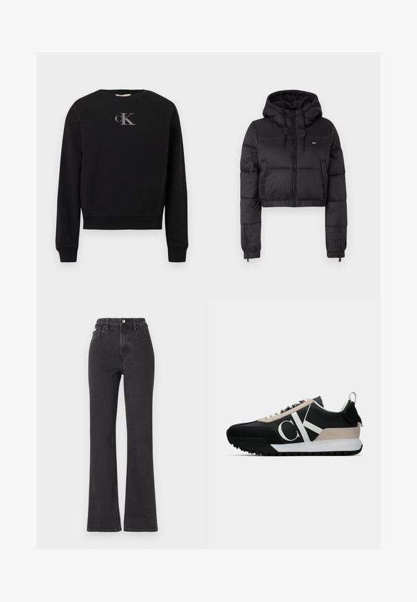 Black cropped puffer jacket with a hood, featuring a front zipper, two side pockets, and an elastic hem. Smooth texture with minimal branding.; Black sweatshirt made of soft fabric featuring a crew neckline and long sleeves. A silver "cK" logo is centered on the chest.; Black high-waisted flared jeans made of denim, featuring a button closure, belt loops, and side pockets. Smooth texture with minimal fading.; Black sneaker with a beige suede accent, white logo, rubber sole, and laces. Features a durable upper and a pull tab on the heel.