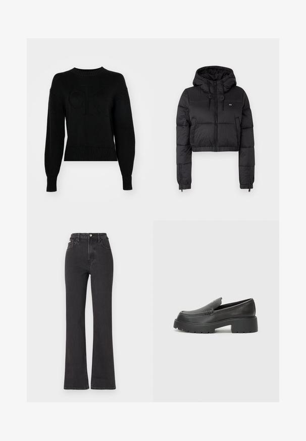 Giacca a vento cropped nera con cappuccio, dotata di chiusura frontale con zip, due tasche laterali e orlo elasticizzato. Texture liscia con branding minimale.; Maglione nero a maglia con polsini e orlo a coste. Presenta un logo "CK" in rilievo sul davanti. Colore solido con una finitura texturizzata.; Jeans neri a vita alta e a zampa d'elefante in denim, con chiusura a bottoni, passanti per cintura e tasche laterali. Texture liscia con minimal fading.; Mocassini in pelle nera con punta arrotondata, suola spessa e testurizzata, e minime cuciture. Design elegante senza lacci o parti metalliche visibili.