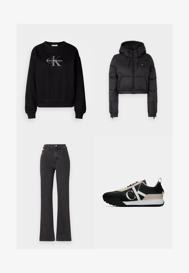 Chaqueta acolchada recortada negra con capucha, que cuenta con un cierre frontal, dos bolsillos laterales y un dobladillo elástico. Textura suave con un mínimo de marcas.; Sudadera negra de algodón, con cuello redondo y corte holgado. Presenta un gran logo gris con "Calvin Klein" y "CK" en la parte delantera.; Jeans de cintura alta negros en tejido de mezclilla, con cierre de botón, presillas para cinturón y bolsillos laterales. Textura suave con un desvanecimiento mínimo.; Zapatilla negra con un acento de ante beige, logo blanco, suela de goma y cordones. Presenta un upper duradero y un tirador en el talón.