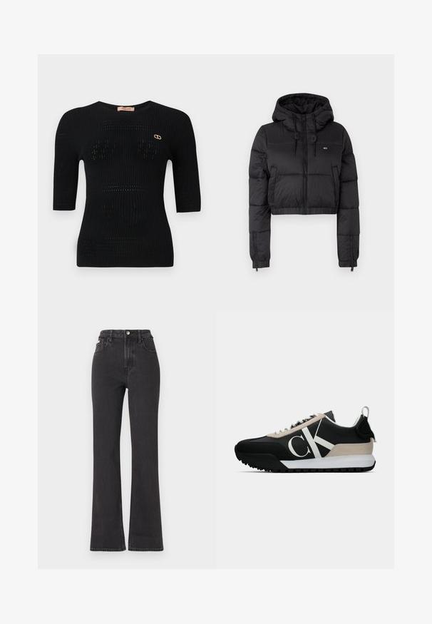 Černá zkrácená puffer bunda s kapucí, vybavená předním zipem, dvěma bočními kapsami a elastickým lemem. Hladká textura s minimálním značením.; Černý rib výstřihovaný top s krátkými rukávy, zdobený jemnými vzory a zlatým logem poblíž výstřihu.; Černé vysoké rozšířené džíny z denimu, se zapínáním na knoflík, poutky na opasek a bočními kapsami. Hladká textura s minimálním vyblednutím.; Černé tenisky s béžovým semišovým akcentem, bílým logem, gumovou skluznicí a tkaničkami. Nabízejí odolný svršek a poutko na patě.