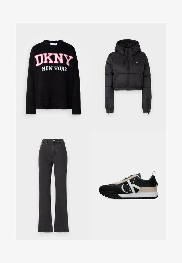 Juodas trumpas pūkinis džemperis su gobtuvu, su priekine užtrauktuku, dviem šoninėmis kišenėmis ir elastingu apačiu. Lygi tekstūra su minimaliu ženklinimu.; Juodas megztinis su apvalia iškirpte ir raštuotais rankogaliais. Ryškus raudonas ir baltas "DKNY" logotipas, po juo esantis tekstas "NEW YORK". Minkšta tekstūra.; Juodi aukštu liemeniu platėjantys džinsai, pagaminti iš džinsinio audinio, su mygtuko uždarymu, diržo kilpomis ir šoninėmis kišenėmis. Lygus paviršius su minimaliais išblukimais.; Juodos sportinės bateliai su smėlio spalvos zomšiniu akcentu, balta logo, guminis padas ir raišteliai. Yra tvirta viršutinė dalis ir kilpos užtraukimui ant kulno.