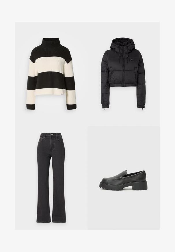 Fekete, rövidített puffertakaró kabát kapucnival, elülső cipzárral, két oldalsó zsebbel és elasztikus aljjal. Sima textúra, minimális márkázással.; Fekete-fehér csíkos pulóver, magas bordázott nyakkal, rövidített fazonnal és széles ujjal, kontrasztos textúrákkal és kifogástalan élvarrással.; Fekete, magas derekú, trapéz fazonú farmernadrág, gombos záródással, övrésszel és oldalsó zsebekkel. Sima textúrájú, minimális kopással.; Fekete bőr loafer cipők kerek orral, vastag, texturált talppal és minimális varrási részletekkel. Áramvonalas dizájn, látható fűzők vagy fém részek nélkül.