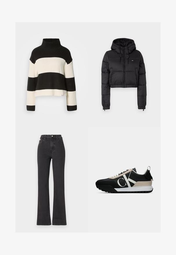 Svart kort puff-jacka med huva, med en framdragkedja, två sidofickor och en elastisk nederkant. Slät textur med minimal branding.; Svart och vit randig tröja med hög ribbad halsringning, kort passform och vida ärmar som har kontrasterande texturer och snygg kantstickning.; Svarta högmidjade utsvängda jeans i denim, med knappknäppning, bältesöglor och sidofickor. Slät textur med minimal urtvättning.; Svart sneakers med en beige mockadetalj, vitt logotyp, gummisula och snörning. Har ett hållbart ovandel och en dragflik på hälen.
