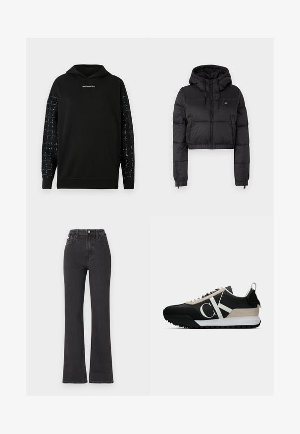 Jaqueta corta puffer preta com capuz, apresentando um fecho frontal, dois bolsos laterais e uma bainha elástica. Textura suave com mínima marcação.; Sweatshirt com capuz preta com mangas xadrez texturizadas a preto e branco e o logótipo "KARL LAGERFELD" centrado no peito, bainha e punhos canelados.; Jeans flared pretos de cintura alta feitos de denim, com fecho de botão, passadores para cinto e bolsos laterais. Textura suave com desbotamento mínimo.; Sapatilha preta com um detalhe em camurça bege, logo branco, sola de borracha e atacadores. Possui um cabedal durável e uma alça na parte de trás.