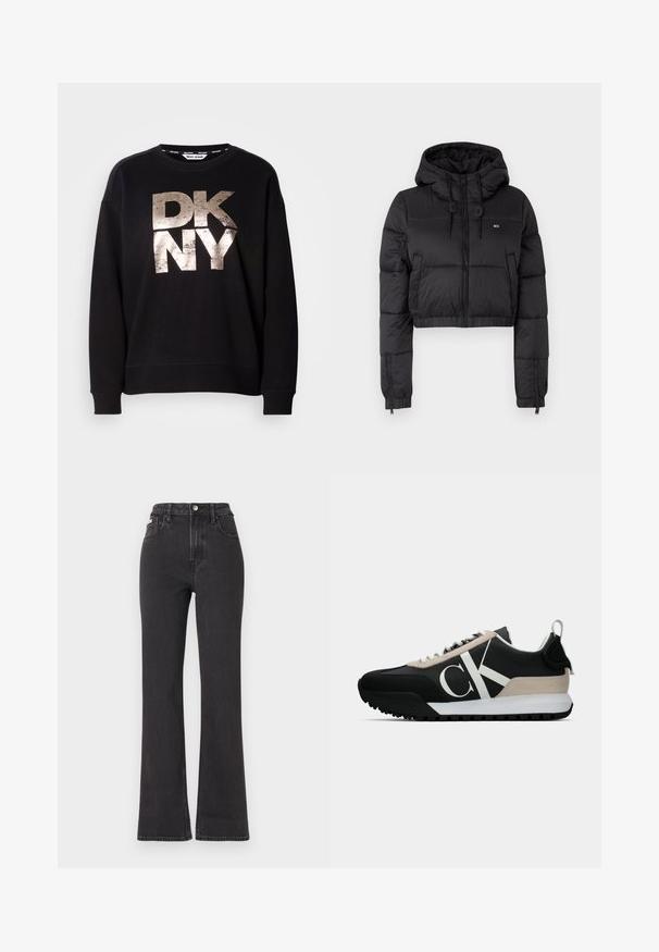 Černá zkrácená puffer bunda s kapucí, vybavená předním zipem, dvěma bočními kapsami a elastickým lemem. Hladká textura s minimálním značením.; Černá mikina s velkým, opotřebovaným kovově zlatým logem "DKNY". Dlouhé rukávy a žebrované manžety s volným střihem.; Černé vysoké rozšířené džíny z denimu, se zapínáním na knoflík, poutky na opasek a bočními kapsami. Hladká textura s minimálním vyblednutím.; Černé tenisky s béžovým semišovým akcentem, bílým logem, gumovou skluznicí a tkaničkami. Nabízejí odolný svršek a poutko na patě.