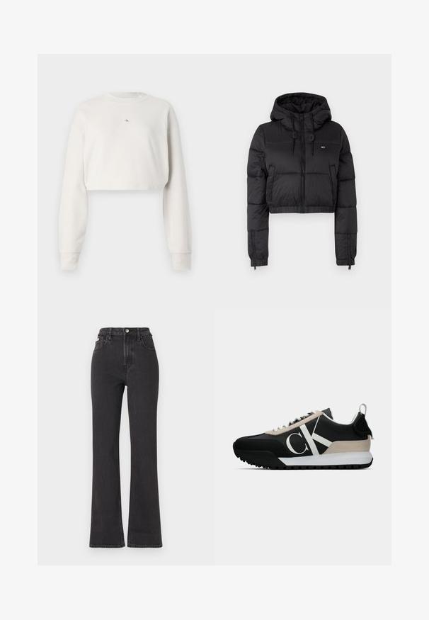 Črna skrajšana puffer jakna s kapuco, z zadrgo spredaj, dvema stranskima žepoma in elastičnim robom. Gladka tekstura z minimalnim logotipom.; Kratka sweatshirt iz svetlo sive tkanine, z dolgimi rokavi, okroglo izrezom in majhnim logotipom na sredini. Mehak material.; Črne kavbojke s visokim pasom in razširjenimi hlačnicami, narejene iz denima, z gumbom za zapiranje, zankami za pas in stranskimi žepi. Gladka tekstura z minimalnim bledenjem.; Črne tene z bež usnjenim detajlom, belim logotipom, gumijastim podplatom in vezalkami. Imajo trpežno zgornji del in zanko za vlečenje na peti.