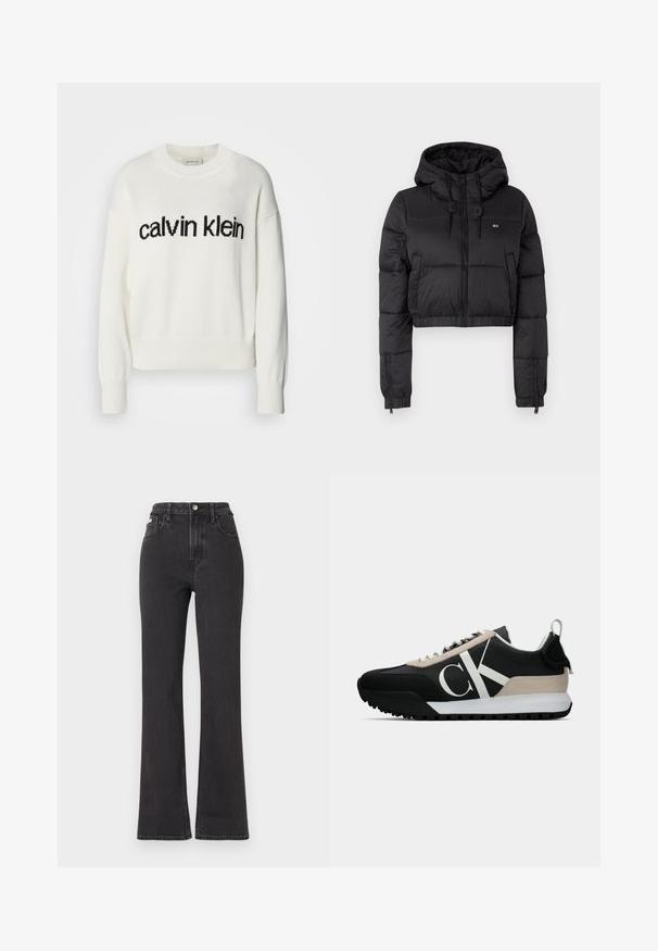Čierna skrátená puffer bunda s kapucňou, s predným zipsom, dvoma bočnými vreckami a elastickým lemom. Hladká textúra s minimálnym brandingom.; Biely pletený sveter s okrúhlym výstrihom a dlhými rukávmi, na prsiach s čiernym logom "calvin klein". Mäkka textúra, skrátený strih.; Čierne džíny s vysokým pásom a rozšírenými nohavicami vyrobené z denimu, s gombíkovým zapínaním, pútkami na opasok a bočnými vreckami. Hladká textúra s minimálnym ošúchaním.; Čierne tenisky s béžovým semišovým akcentom, bielym logom, gumovou podrážkou a šnúrkami. Obsahujú odolný zvršok a pútko na päte.