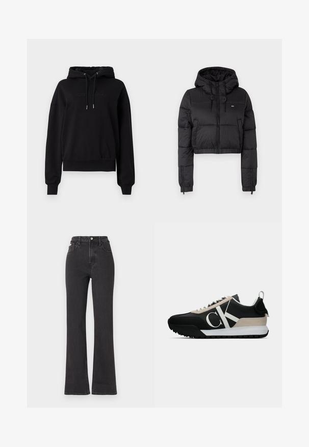 Juodas trumpas pūkinis džemperis su gobtuvu, su priekine užtrauktuku, dviem šoninėmis kišenėmis ir elastingu apačiu. Lygi tekstūra su minimaliu ženklinimu.; Juodas džemperis, pagamintas iš minkštos medžiagos, su įvarstomu gobtuvu, ribotais rankogaliais ir subtiliu iškilniu logotipu priekyje.; Juodi aukštu liemeniu platėjantys džinsai, pagaminti iš džinsinio audinio, su mygtuko uždarymu, diržo kilpomis ir šoninėmis kišenėmis. Lygus paviršius su minimaliais išblukimais.; Juodos sportinės bateliai su smėlio spalvos zomšiniu akcentu, balta logo, guminis padas ir raišteliai. Yra tvirta viršutinė dalis ir kilpos užtraukimui ant kulno.