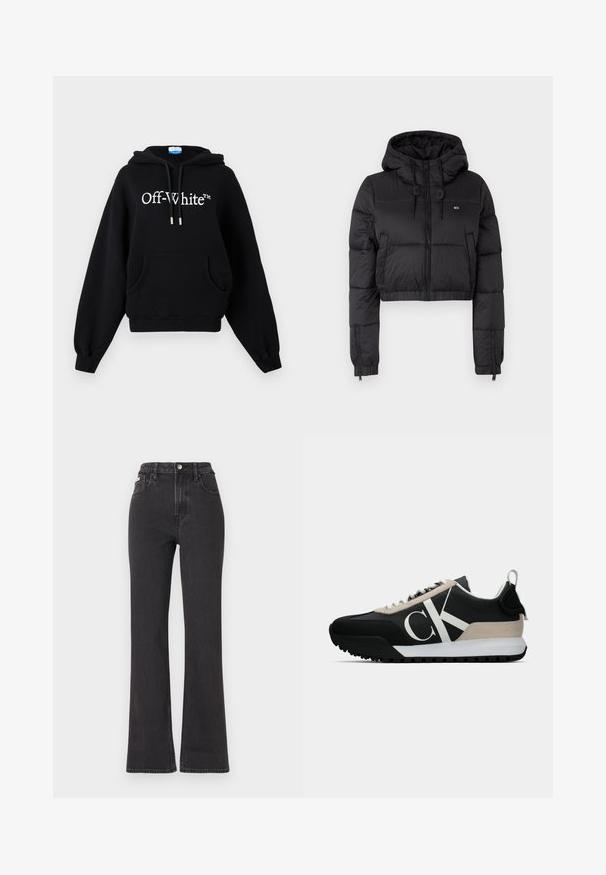 Čierna skrátená puffer bunda s kapucňou, s predným zipsom, dvoma bočnými vreckami a elastickým lemom. Hladká textúra s minimálnym brandingom.; Čierna bavlnená mikina s veľkou prednou kapsou, kapucňou so šnúrkami, ribbovanými manžetami a bielym logom "Off-White™" na hrudi.; Čierne džíny s vysokým pásom a rozšírenými nohavicami vyrobené z denimu, s gombíkovým zapínaním, pútkami na opasok a bočnými vreckami. Hladká textúra s minimálnym ošúchaním.; Čierne tenisky s béžovým semišovým akcentom, bielym logom, gumovou podrážkou a šnúrkami. Obsahujú odolný zvršok a pútko na päte.