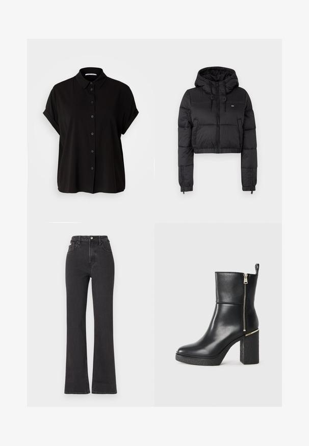 Zwarte cropped pufferjack met capuchon, voorzien van een ritssluiting aan de voorkant, twee zijzakken en een elastische zoom. Glad textuur met minimale branding.; Zwart overhemd met korte mouwen, voorzien van een knopenlijst, kraag en opgerolde mouwuiteinden. Gemaakt van een gladde stof met een relaxte pasvorm.; Zwarte geribbelde tanktop met een ronde hals en dunne bandjes. Heeft een kleine, driehoekige strassversiering aan de voorzijde.; Zwarte hoge taille flared jeans van denim, met een knoopsluiting, riemlussen en zijzakken. Gladde textuur met minimale vervaging.; Zwarte enkelboot van soepel leer, met een zijrits en een gestructureerde blokhak. Instapmodel met een ronde neus.