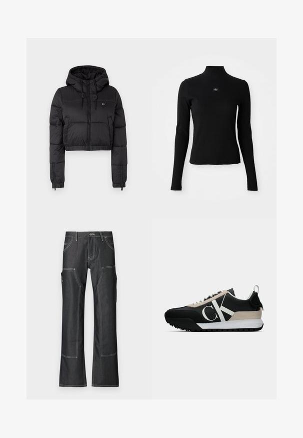 Black cropped puffer jacket with a hood, featuring a front zipper, two side pockets, and an elastic hem. Smooth texture with minimal branding.; Black long-sleeve top with a high neckline and a fitted design. Features a small logo patch on the front. Smooth, ribbed texture.; Dark denim cargo pants with white contrast stitching, featuring multiple pockets and a flared leg design. Durable fabric and metal button closure.; Black sneaker with a beige suede accent, white logo, rubber sole, and laces. Features a durable upper and a pull tab on the heel.