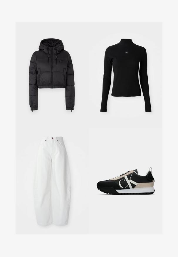 Svart cropped pufferjakke med hette, med glidelås foran, to sidelommer og elastisk avslutning. Glatt tekstur med minimal merkevare.; Svart langermet topp med høy hals og tettsittende design. Har en liten logo-patch foran. Jevn, ribbet tekstur.; Høyt livde hvite denimbukser med løs passform. Har knappelukking, sidelommer og minimalistisk design. Hvislende tekstur.; Svart sneaker med en beige semsket aksent, hvit logo, gummisåle og snører. Har et slitesterkt overmateriale og en løfletapp på hælen.