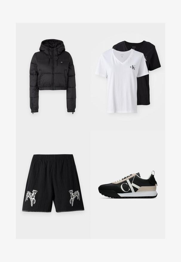 Černá zkrácená puffer bunda s kapucí, vybavená předním zipem, dvěma bočními kapsami a elastickým lemem. Hladká textura s minimálním značením.; Dvě trička s výstřihem do V: jedno bílé, jedno černé. Obě jsou bavlněné, s krátkým rukávem a malým logem na levé hrudi. Jednoduchý design.; Černé šortky s texturovanou tkaninou; mají bílé vyšívané vzory na obou nohavicích a kontrastní šití podél lemu. Elastický pas.; Černé tenisky s béžovým semišovým akcentem, bílým logem, gumovou skluznicí a tkaničkami. Nabízejí odolný svršek a poutko na patě.